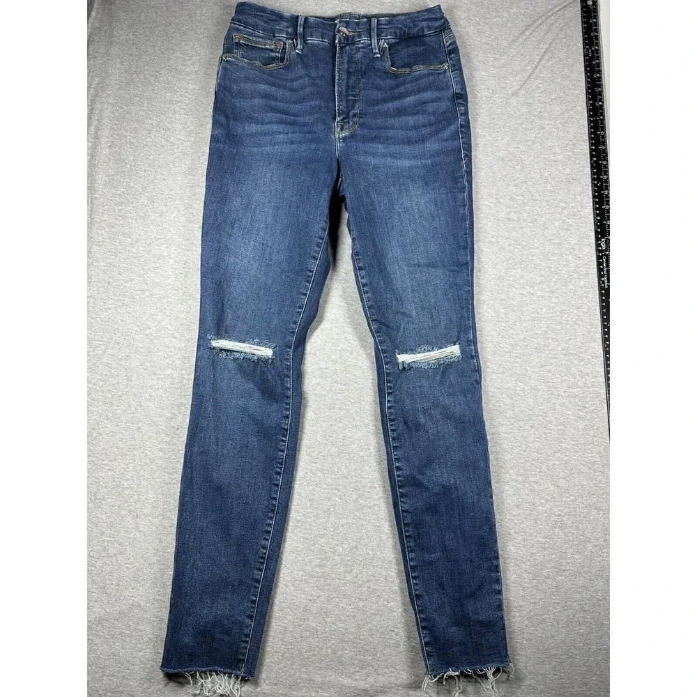 Good American Good Legs Jeans Women's 4/27 Skinny Dark Wash Blue Stretch Raw Hem